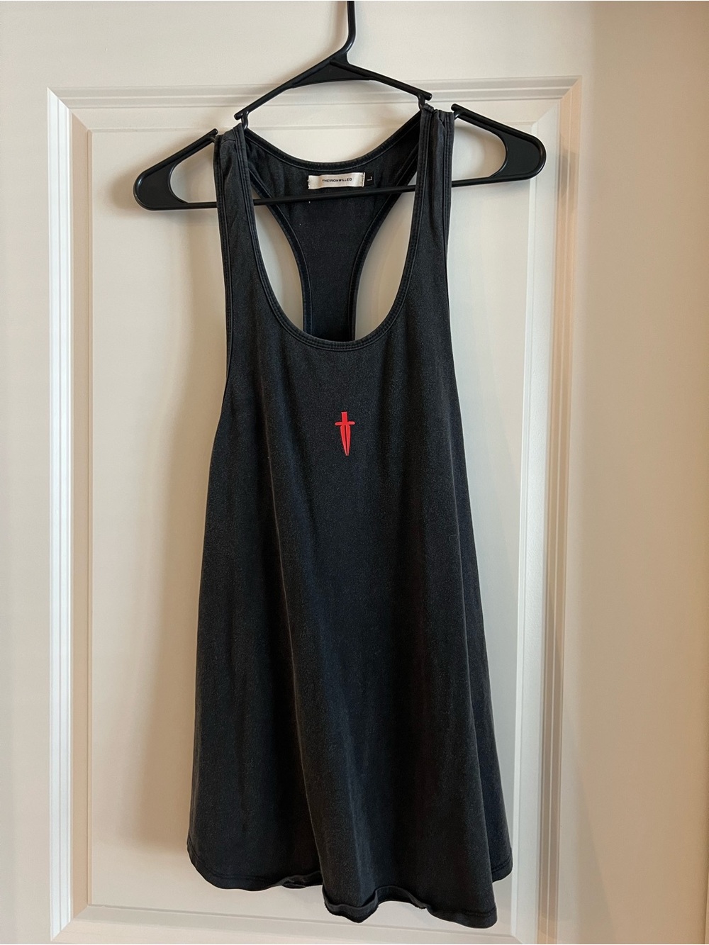 The Ironwilled Black Racerback Tank Top with Red Dagger Detail